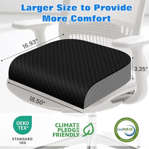 Seat Cushion for Office Chair, Memory Foam Chair Cushions, Car Seat Cushion for Long Sitting, Desk Chair Cushion for Pressure Relief, Non-Slip Bottom, Washable Cover, X-Large, Black - color: Black, size: X-Large