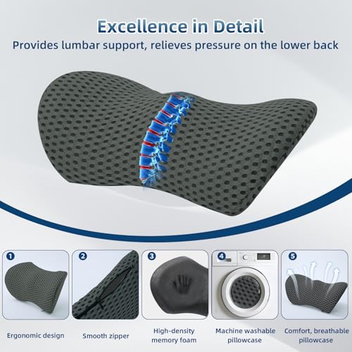 Lumbar Pillow, Memory Foam Lumbar Support Pillow for Office Chair and Car Seat, Ergonomic Streamline Back Pillow for Lower Back Pain Relief, Back Support Pillow for Sitting, Driving, Traveling - color: Dark Grey