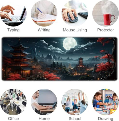 Japanese Full Moon Large Mouse Pad,Gaming Keyboard Desk Pad,Extended Mouse Mat Non-Slip Rubber Base with Stitched Edges for Office Game Home XL 31.5"x11.8" - color: Japanese Moon, size: 31.5L x 11.8W inches