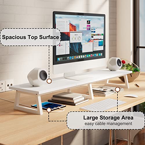 TEAMIX White Dual Monitor Riser for 2 Monitors-42inch, Wood Desktop Dual Stand with Metal Legs, Long Screen/PC/Laptop Storage,Computer Shelf TV Holder Home Office - color: White