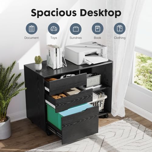 DUMOS File Cabinet with 3 Drawers, Wood Under Desk Storage Printer Stand | Rolling Lateral Filing Cabinet with Adjustable Shelves for Home Office Study Organization,Black - color: Modern Black