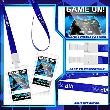 Leinuosen 16 Pieces Blue Video Game VIP Pass Holder Tickets Set Video Game Ticket Holder Gamer Party VIP Pass Lanyards for Birthday Party Supplies Favors