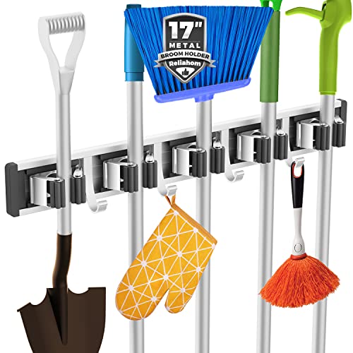 reliahom Broom Holder Wall Mount, 5 Racks with 4 Hooks Black - Mop Storage Tool Racks, Broom Hanger Tool Organizer for Garage, Kitchen, Garden, Laundry Room - color: Black, size: 1 Pack 5R4H