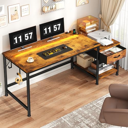 DurayLoly 56" Computer Desk with Printer Shelf & Power Outlets – Reversible Gaming Desk with LED Lights, Drawer & Headphone Hook for Teen Bedroom, Dorm, Home Office, Rustic Brown - color: Brown, size: 56inch