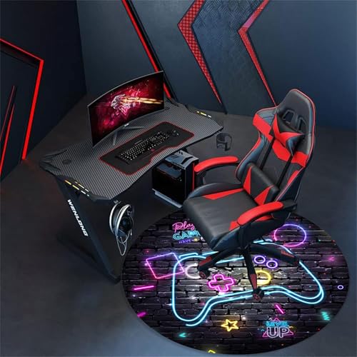 Blue Purple Gaming Chair Mat for Hardwood Floor Anti-Slip, Brick Wall Neon Graffiti Gamer Round Office Computer Carpet for Teen Bedroom Decor, Office Gaming Room, Round 47"