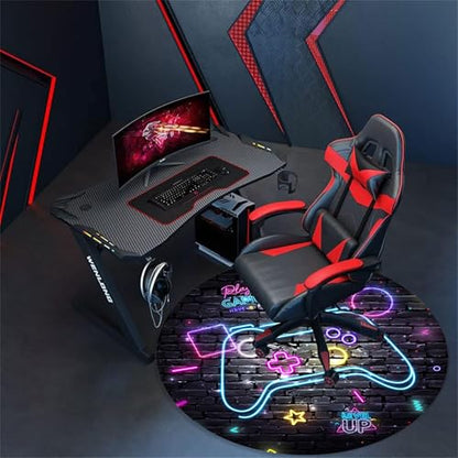 Blue Purple Gaming Chair Mat for Hardwood Floor Anti-Slip, Brick Wall Neon Graffiti Gamer Round Office Computer Carpet for Teen Bedroom Decor, Office Gaming Room, Round 47"