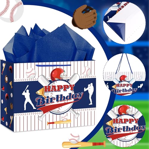 Hooqict Baseball Gift Bag Baseball Birthday Party Gift Wrapping Bag with Tissue Paper and Greeting Card for Boys Men Sport Birthday Party Supplies Goodie Treat Baseball Birthday Gift Bag - color: Baseball