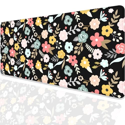 Black Cartoon Flowers Desk Pad Mouse Pad,Floral Prints Extended Large Gaming Mouse Mat with Stitched Edges,Non-Slip Waterproof Rubber Base Mousepad for Office Work Home Desk Mat(27.5X11.8 in) - color: Black Vintage Flower