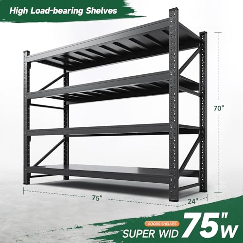 Letaya 8000LBS Storage Shelves Heavy Duty,75" W Garage Shelving Units, 4 Tier Adjustable Utility Rack Shelf,Large Metal Industrial Shelves,for Shop,Warehouse,Basement,Black (75" W x 24" D x 70" H) - color: Black, size: 75" W x 24" D x 70" H