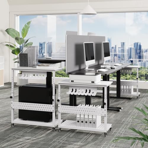 GarveeHome Computer Tower Stand with Cable Management Rack, Adjustable Rolling CPU Holder Cart (22.83 to 34.1 Inches) for Under Desk, 2-Tier Mobile PC Tower Stand for Office and Home Use,White