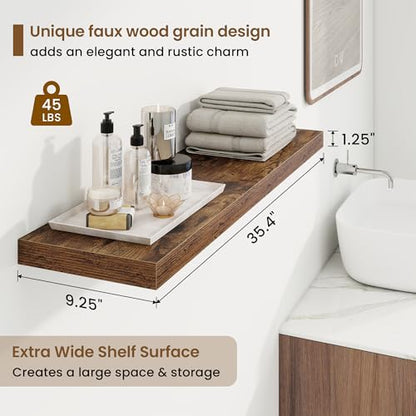 Marsmiles 36in Floating Shelves for Wall, 36" W x 9.25" D x 1.25" H, 2 Pack Long Wall Mounted Engineered Wood Shelves with Invisible Brackets for Living Room, Bedroom, Bathroom, Kitchen, Rustic Brown - color: Rustic Brown With Invisible Metal Brackets, si