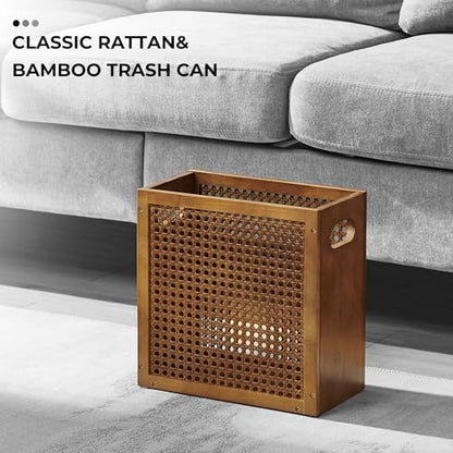 TIOPGHAD 3-Gallon Small Rattan Wicker Waste Basket Trash Can, Brown | Bamboo Frame with Handles, 11.8x6.7x11.8 inches, Waterproof Coating, Ideal for Bathroom, Office and Bedroom - color: Brown