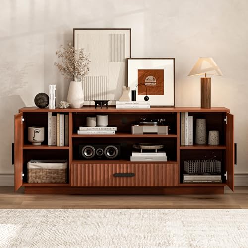 LCRBOL TV Stand for up to 70" TV, Mid-Century Entertainment Center, Walnut | 63"W x 15.4"D x 25"H, 2 fluted cabinets, 1 drawer & open shelves, top holds 200 lbs, cable management, ~90 min assembly - color: Brown