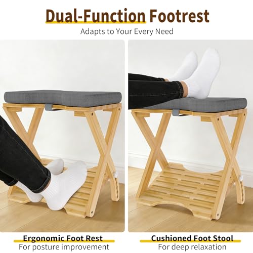 Double Step Foot Rest Under Desk at Work, Bamboo Foot Stool with 6 Adjustable Heights, Ergonomic Under Desk Footrest with Cushion for Home, Office & Gaming (Natural Color)