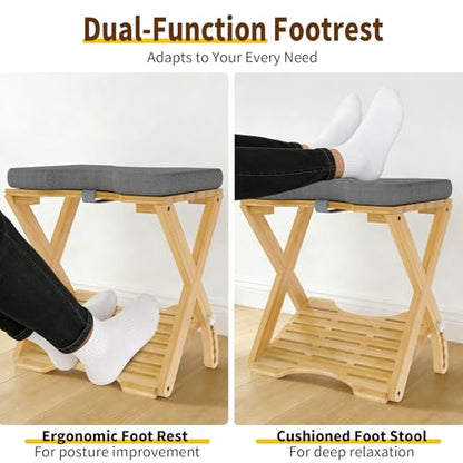 Double Step Foot Rest Under Desk at Work, Bamboo Foot Stool with 6 Adjustable Heights, Ergonomic Under Desk Footrest with Cushion for Home, Office & Gaming (Natural Color)