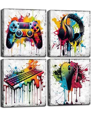 4Pcs Game Canvas Wall Art Graffiti Gamepad Headphones Poster Prints Retro Video Gaming Room Pictures Wall Decor for Gamer Boys Bedroom Kids Dorm Playroom Teen Men Cool Home Decoration 12x12in Framed - color: Game Canvas, size: 12"L x 12"W