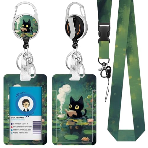 Black Cat and Plant for ID Badge Holder, Black Cat and Plant ID Badge Holder with Heavy-Duty Retractable Reel Clip, Gift for Teacher Nurse Adult - color: Blackcat-green