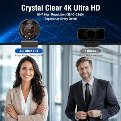 4K Webcam with Microphone for PC Laptop 1080P@60fps Web Cam with Privacy Cover for Streaming with PDAF 8X Digital Zoom for Desktop Camera for Mac Windows USB Web Cam for Teams/Twitch/Zoom/Meeting