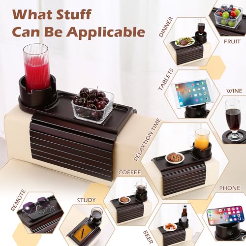 Couch Cup Holder Tray, 15.75" Bamboo Cup Holder for Couch, 3 in 1 Foldable Arm Chair Clip on Side Tray Table for Remote Snack Table on Armrest - color: Black Walnut