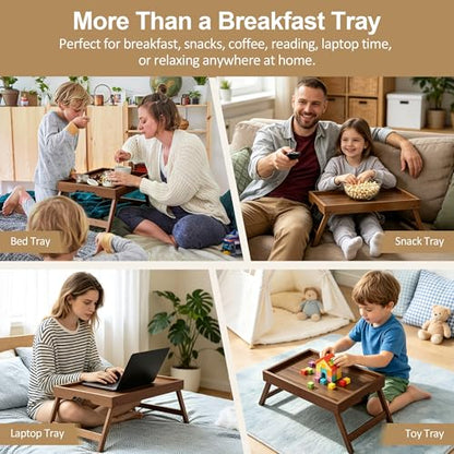 Large Breakfast Tray with Folding Legs Set of 2, 16.9" x 12.2" Bamboo Bed Tray Table with Ergonomic Wave Handles, Foldable TV Dinner Tray for Bed Couch Sofa, Breakfast, Laptop, Coffee, Walnut - color: Walnut, size: Large