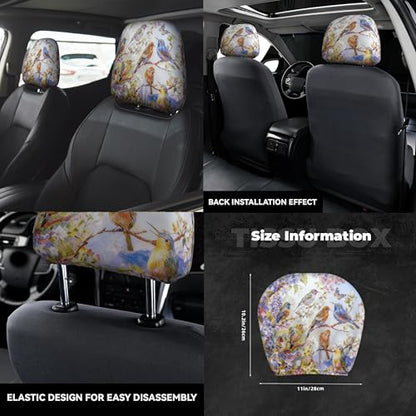 2pc Car Seat Headrest Cover Colorful Bird Head Rest Covers Protector - color: Colorful Spring Bird