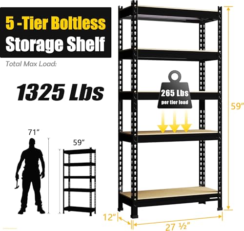 PrimeZone Storage Shelves 5 Tier Adjustable Garage Storage Shelving, Heavy Duty Metal Storage Utility Rack Organizer Shelf Unit for Warehouse Pantry Closet Kitchen Basement, 28" x 12" x 59", Black - size: 28"W x 12"D x 59"H