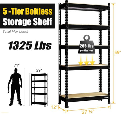 PrimeZone Storage Shelves 5 Tier Adjustable Garage Storage Shelving, Heavy Duty Metal Storage Utility Rack Organizer Shelf Unit for Warehouse Pantry Closet Kitchen Basement, 28" x 12" x 59", Black - size: 28"W x 12"D x 59"H