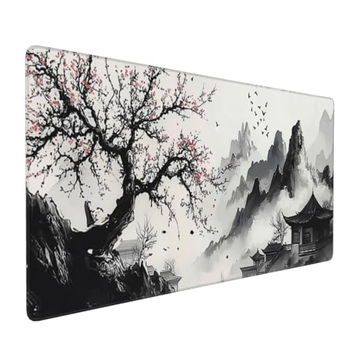 Japanese Mouse Pad XXL 35.4x15.7 Inch Japanese Cherry Blossom Gaming Mouse Pad Non-Slip Rubber Base with Stitched Edges Japanese Anime Desk Mat Extended Large Mousepad for Home Office Gaming Work - color: Japanese Anime Art Landscape, size: 35.4x15.7 Inch