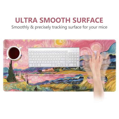 DINKY Desk Pad and Keyboard Wrist Rest, Large Mouse Pad +Keyboard Pad +Mouse Wrist Support +Coaster, 35.4 x 15.7 Inches Non-Slip Desk Mat for Office, Home, Pink Starry Sky Field - color: Pink Starry Sky Field