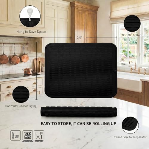 MicoYang Silicone Dish Drying Mat for Multiple Usage,Easy clean,Eco-friendly,Heat-resistant Silicone Mat for Kitchen Counter or Sink,Refrigerator or Drawer Liner Black 2XL 24 inches x 18 inches - color: Black, size: 24"L x 18"W