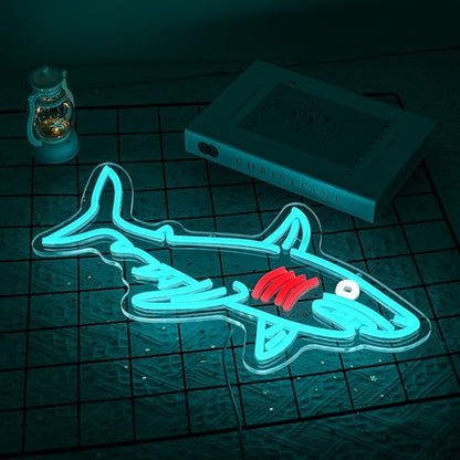 Shark Neon Sign for Wall Decor Dimmable USB Powered Blue Shark Neon Light Shark Lamp Wall Decor Sign Fish Light for Beach House Wall Art Ocean Animal Decor Game Room Bedroom Decor - style: shark