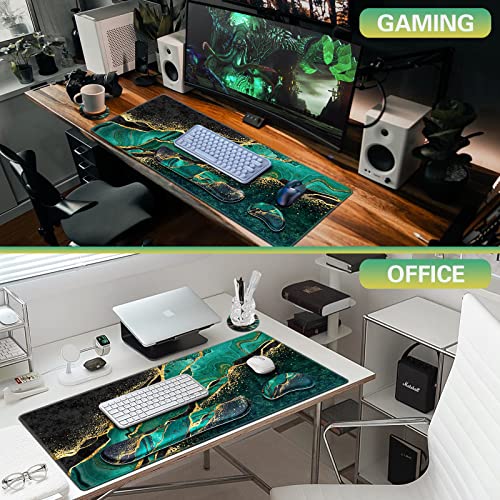 Canjoy Gaming Mouse Pad Set, 4-in-1 XXL Large Mouse Pad + Keyboard Wrist Rest Support+ Coaster, (35.4×15.7 in) Extended Desk Pad Memory Foam Non-Slip Desk Mat for Home Office - color: Dark Green Gold Marble