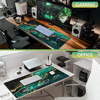 Canjoy Gaming Mouse Pad Set, 4-in-1 XXL Large Mouse Pad + Keyboard Wrist Rest Support+ Coaster, (35.4×15.7 in) Extended Desk Pad Memory Foam Non-Slip Desk Mat for Home Office - color: Dark Green Gold Marble