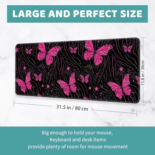 Large Mouse Pad, Big Gaming Mousepad, Desk Mat for Desktop, Thick Non-Slip Waterproof Rubber Base, Mouse Pads for Office, Computer, Keyboard, Laptop 31.5x11.8 in, Pink Glitter Butterfly - color: Pink glitter butterfly, size: 31.5" x 11.8"