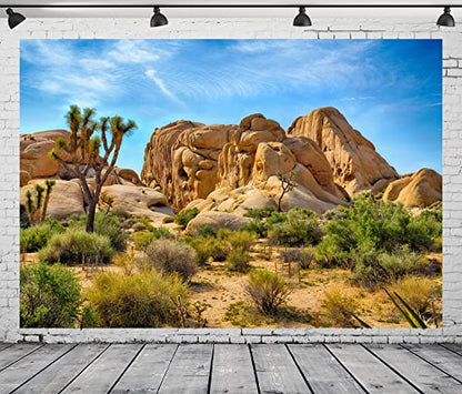 BELECO 7x5ft Fabric Desert Backdrop Joshua Tree National Park Photography Backdrop Odd Trees Rocky Mountains Natural Scenery Holiday Background Hiking Camping Pictures Home Decor Photo Studio Props - size: 7x5FT