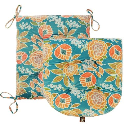 Outdoor Patio Cushion, Rocking Chair Cushion, Tufted Pads, Set of Upper and Lower with Ties Pack of 2 (2 Sets) - Back 20"×17", Seat 17"×17" (Green Bottom Flowers) - color: Green Bottom Flowers