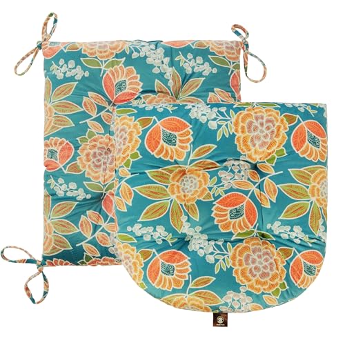 Outdoor Patio Cushion, Rocking Chair Cushion, Tufted Pads, Set of Upper and Lower with Ties Pack of 2 (2 Sets) - Back 20"×17", Seat 17"×17" (Green Bottom Flowers) - color: Green Bottom Flowers