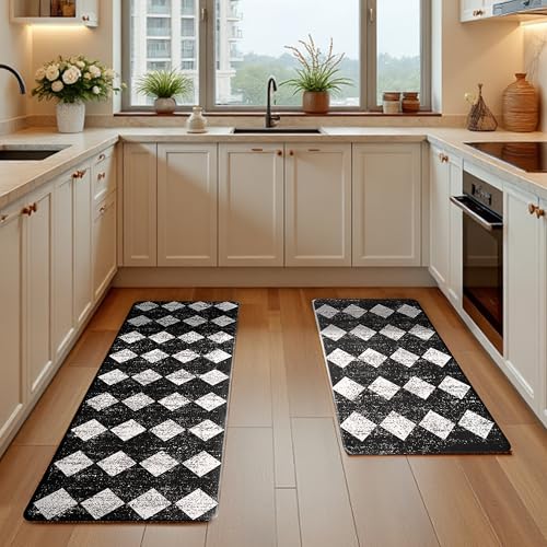 Black Moroccan Trellis Checkered Kitchen Rug Sets [2 PCs], Anti-Fatigue, Waterproof Non-Slip Kitchen Mats Heavy Duty Ergonomic Comfort Foam Rug for Floor, Home, Laundry,17"x29"+17"x47" - color: Trellis-black, size: 17.3"x29"+17.3"x47"-0.4"H