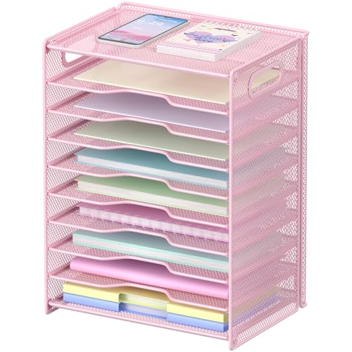 OUTWOLF 10 Tier Paper Organizer - Letter Tray Mesh Desk File Organizer with Handles for Office School Desktop, Pink - color: Pink