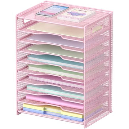 OUTWOLF 10 Tier Paper Organizer - Letter Tray Mesh Desk File Organizer with Handles for Office School Desktop, Pink - color: Pink