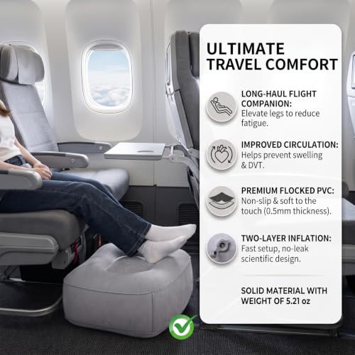 Inflatable Foot Rest for Airplane Travel & Office, Portable Leg Rest Pillow, Elevating Feet for Economy Flight, Home Desk, Car Use - Grey