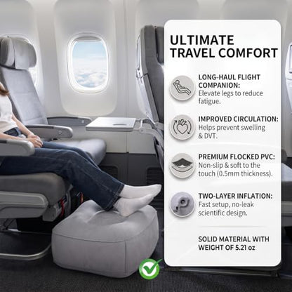 Inflatable Foot Rest for Airplane Travel & Office, Portable Leg Rest Pillow, Elevating Feet for Economy Flight, Home Desk, Car Use - Grey