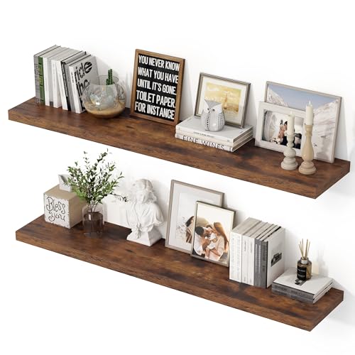 48 Inch Floating Shelves, 12 Inch Deep Floating Shelves for Wall, Extra Deeper & Thicker Wooden Wall Shelf with Invisible Brackets, Shelf for Bedroom Home Decor（Rustic Brown, Set of 2） - color: Rustic Brown, size: 48"W x 12"D x 2"H, Set of 2
