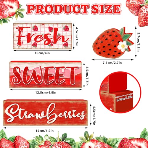 Britimes 4 Pcs Strawberry Decor Summer Wooden Tiered Tray Set, Strawberry Table Décor Farmhouse Rustic Wooden Coffee Table Centerpieces for Home kitchen Office Decorations - style: Stawberry