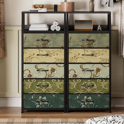 Furnulem Retro 5 Drawers Dresser, Tall Dressers for Bedroom, Closet, Hallway, Nursery, Fabric Storage Tower Organizer, Vertical Nightstand Side Table Furniture, Steel Frame, Wood Top - color: Vintage Floral, style: 5 Drawers