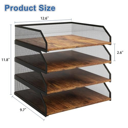 Natwind 4-Tier Stackable Metal Mesh Paper Organizer with Sliding Tray,Retro | Wooden Desk Organizer, Letter Tray For Desktop,File Holder For Home Office School Classroom Organization - size: 4 Tier