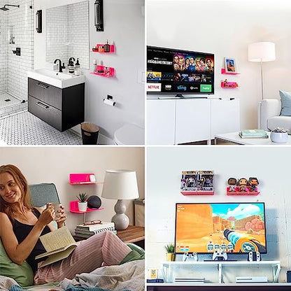 OAPRIRE Acrylic Floating Shelves Set of 2 - Easily Expand Wall Space - Small Wall Shelf with Strong Adhesive for Bedroom, Kids' Room, Bathroom, etc (Fluorescent Pink) - color: Fluorescent Pink