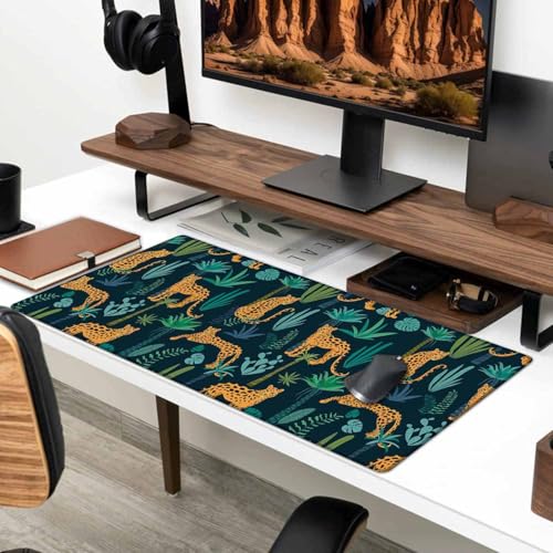 Gaming Mouse Pad XXL XL Large Mouse Pad Mat Long Extended Mousepad Desk Pad Non-Slip Rubber Mouse Pads Stitched Edges Thin Pad (31.5x11.8x0.12 Inch)-Leopard Pattern with Tropical Leaves - color: Leopard Pattern With Tropical Leaves, size: 31.5L x 11.8W in