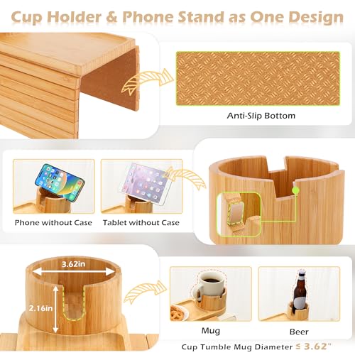 Couch Cup Holder Tray, 15.75" Bamboo Cup Holder for Couch, 3 in 1 Foldable Arm Chair Clip on Side Tray Table for Remote Snack Table on Armrest - color: Bamboo