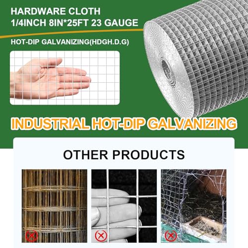 TNELTUEB 8in x 25Ft Hardware Cloth Hot-Dip Galvanized Welded Wire Mesh - Heavy Duty 1/4inch 23 Gauge Chicken Wire Fencing for Garden, Chicken Coop, Rabbit Cage, Rodent & Predator Protection - size: 8in x 25ft